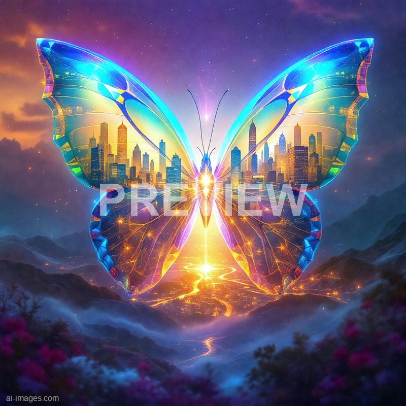 The image features an enormous, luminous butterfly with wings that reflect a city skyline, blending urban architecture with a fantastical creature. The butterfly is set against a vibrant, starry night sky with a glowing horizon, and its body radiates bright, golden light. The scene combines elements of nature and a futuristic cityscape, with glowing pathways and mystical energy emanating from the butterfly, creating a surreal and mesmerizing atmosphere.